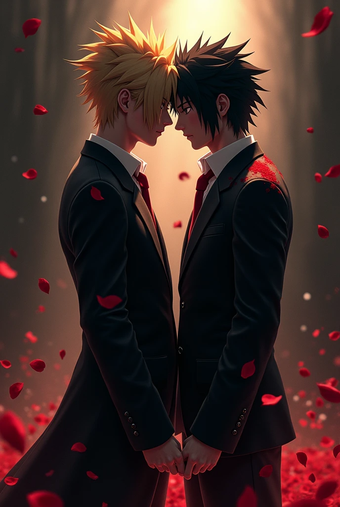 Naruto Uzumaki and Sasuke Uchiha looking in love, with suit and with blood splatter details and rose petals around