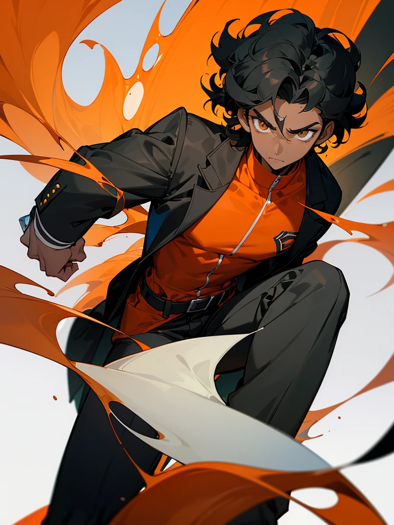 Imagine a dark-skinned boy with short, curly hair, deep black, that fall in a disorderly manner on his forehead. Your eyes are a vibrant orange, full of curiosity and determination, contrasting with the shine of its black lenses, that give you an intelligent and focused look.

he wears a red shirt, vibrant like a flame, and over it a stylish black jacket with white lines, that follow the classic design of a Pokémon trainer. The jacket fits your body perfectly, suggesting agility and readiness, as if he was always prepared to face any challenge. The complete ensemble gives him a confident and energetic look., ready to excel in any competition or adventure that awaits you.