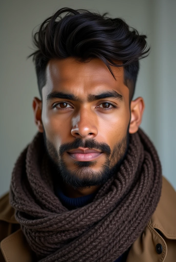 Arafed image of a man with a scarf and a jacket., indian brown looking portrait at age 20 with no beard and wolfcut hair styles in head
