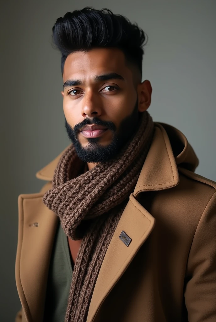 Arafed image of a man with a scarf and a jacket., indian brown looking portrait at age 20 with no  beard  and wolfcut hair styles in head 