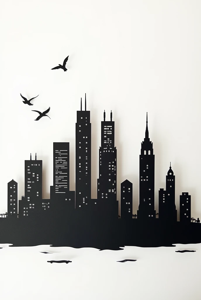 Silhouette Art。Paper cutting style。simple。Solid black。Buildings。City。equalizer。Landscape。Background white。Building only。No reflection。No Shadow。White line pattern。Horizontal ground。Lower half white。No lower half。