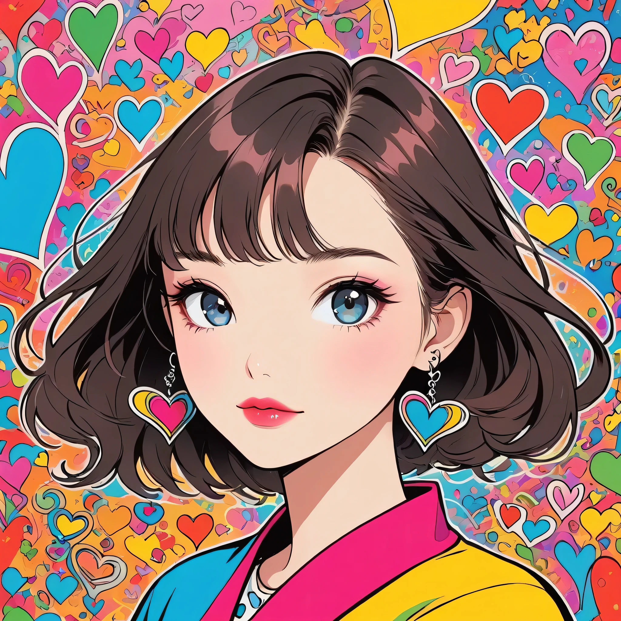 Keith Haring colorful style, Simple Line Initialism,Abstract art,Urban Background, (((The most beautiful girl of all time))), Sweet face. Lips in love, colorful hearts, stylish design
