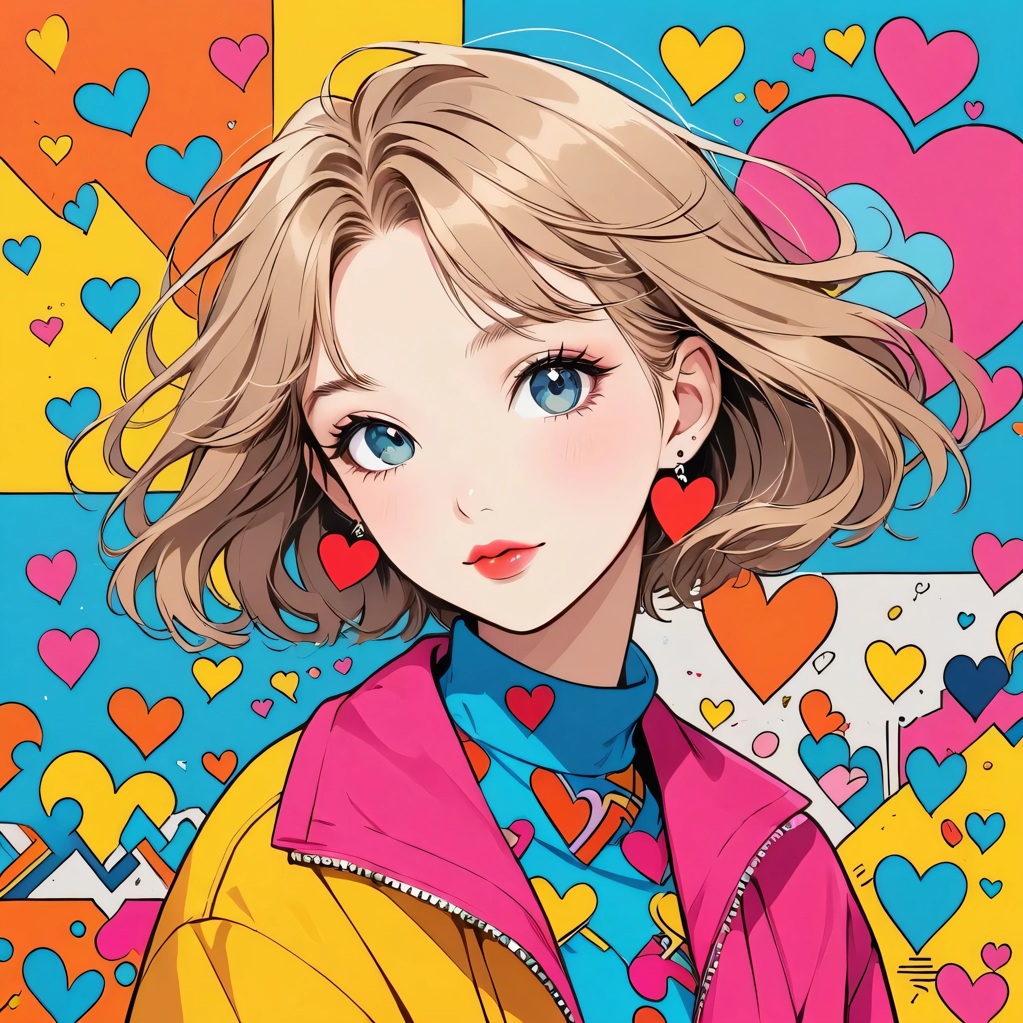 Keith Haring colorful style, Simple Line Initialism，Abstract art，Urban Background, (((The most beautiful girl of all time))), Sweet face. Lips in love, colorful hearts, stylish design