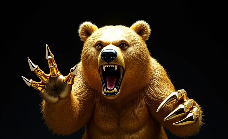 an angry shiny chrome gold sided bear attacking from above with its gold claws black background
