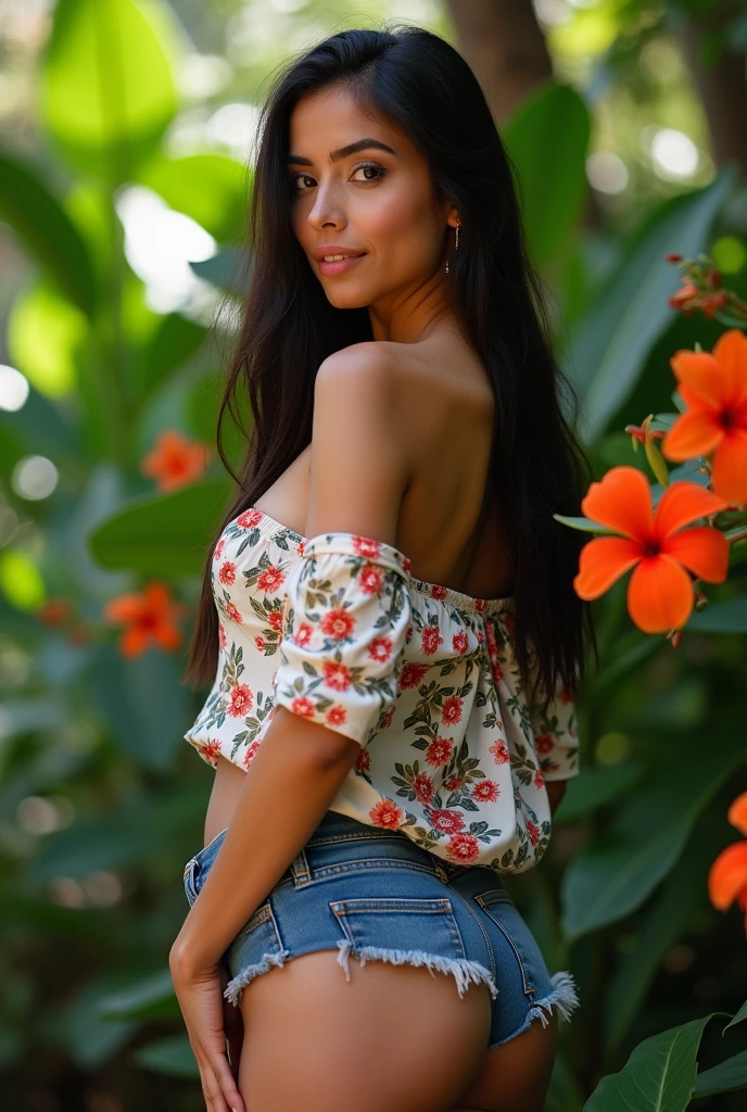 A Brazilian woman in a lush tropical garden, wearing an open shirt with a floral print, with a close-up capturing the harmonious beauty between her breasts and the natural flowers, showing off your natural charm and outgoing personality. Big breasts tight clothing cleavage white skin full body image firm ass only in panties straight hair