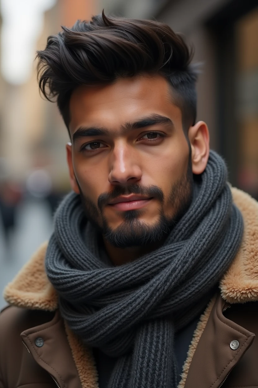Arafed image of a man with a scarf and a jacket., indian brown looking portrait at age 20 with slight musedash with goote beard stal and wolfcut hair styles
