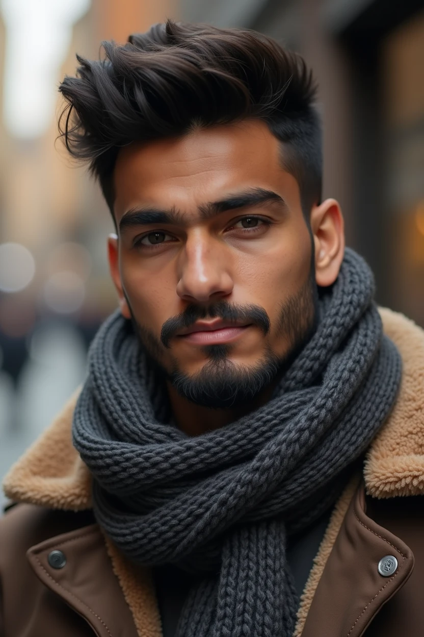 Arafed image of a man with a scarf and a jacket., indian brown looking portrait at age 20 with slight musedash with goote beard stal and wolfcut hair styles