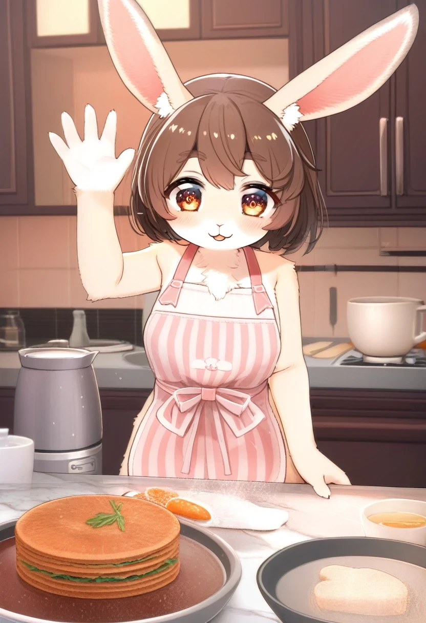 ((Masterpiece)), ((Best Quality)), (Very Detailed), ((Very Detailed)), 4K, (8K), very aesthetic, absurdres highres, 1 girl, (anthropomorphic Rabbit, furry, kemono:1.5), salt bae \(meme\), kitchen, apron, food