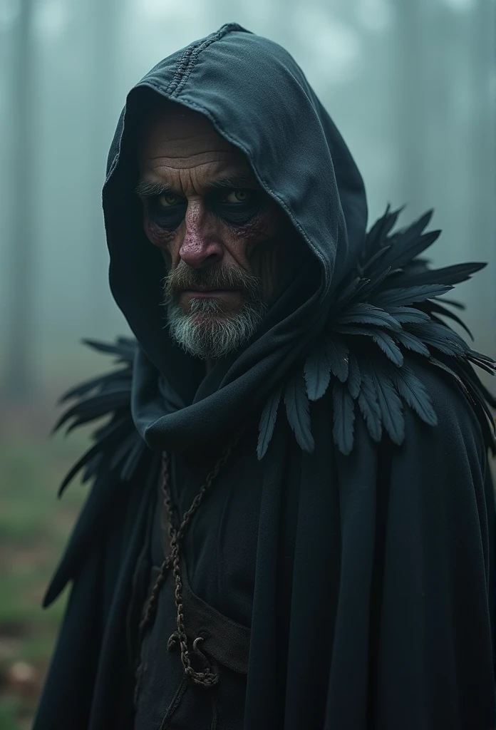 waist up, too old, half of face deformed and melted, high, two meters, black aura, scary, dirty, beggar, short gray hair, pale and wrinkled skin, thin BarBa, yellowish pupils, slouched posture, penetrating and evil, torn clothes, cloak of raven feathers on the back, body covered with bands and hood, fog, horror, fear, alarming, suspended, mysterious