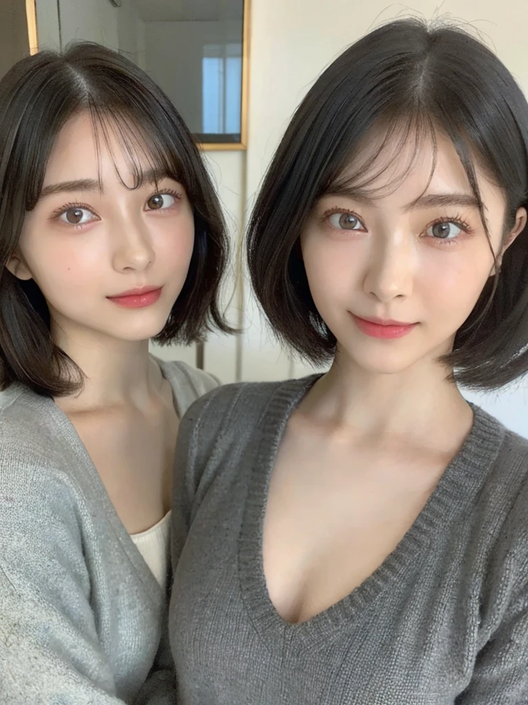 (masterpiece:1.3), (8k, Photoreal, Raw photo, best image quality: 1.4), Japanese high school girl、(random hairstyle:1.2)、cleavage:1.5、super detail face、eye for details、double eyelid、chest to chest、sharp focus:1.2、Beautiful woman:1.4、light brown hair、highest quality、masterpiece、超A high resolution、(Photoreal:1.4)、Highly detailed and professionally lit smiles、loose and light knitwear、shoulder out、thin、serious expression、short haired、deadly position
similar identical twins
All the girls have the exact same face, The two have the same face and figure, as if they were mirror images.