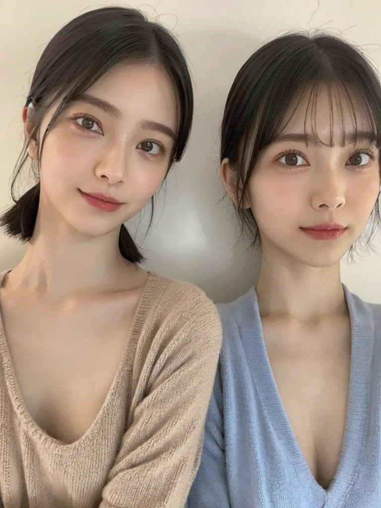 (masterpiece:1.3), (8k, Photoreal, Raw photo, best image quality: 1.4), Japanese high school girl、(random hairstyle:1.2)、cleavage:1.5、super detail face、eye for details、double eyelid、chest to chest、sharp focus:1.2、Beautiful woman:1.4、light brown hair、highest quality、masterpiece、超A high resolution、(Photoreal:1.4)、Highly detailed and professionally lit smiles、loose and light knitwear、shoulder out、thin、serious expression、short haired、deadly position
similar identical twins
All the girls have the exact same face, The two have the same face and figure, as if they were mirror images.