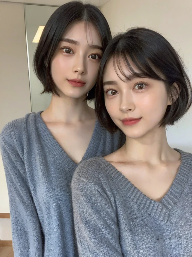 (masterpiece:1.3), (8k, Photoreal, Raw photo, best image quality: 1.4), Japanese high school girl、(random hairstyle:1.2)、cleavage:1.5、super detail face、eye for details、double eyelid、chest to chest、sharp focus:1.2、Beautiful woman:1.4、light brown hair、highest quality、masterpiece、超A high resolution、(Photoreal:1.4)、Highly detailed and professionally lit smiles、loose and light knitwear、shoulder out、thin、serious expression、short haired、deadly position
similar identical twins
All the girls have the exact same face, The two have the same face and figure, as if they were mirror images.