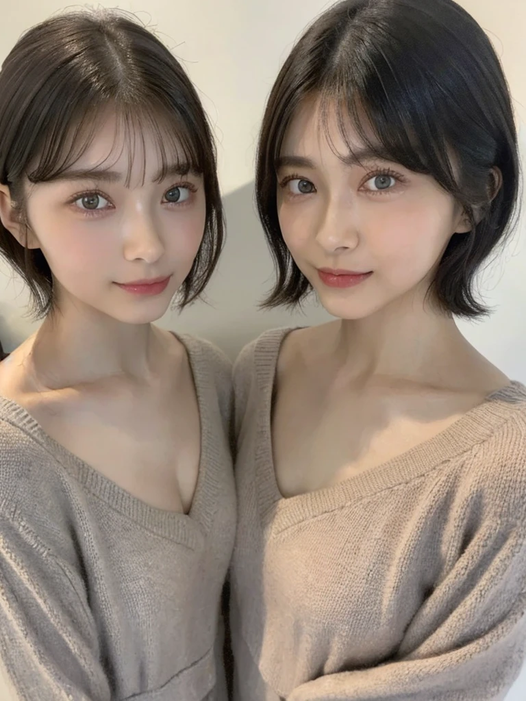 (masterpiece:1.3), (8k, Photoreal, Raw photo, best image quality: 1.4), Japanese high school girl、(random hairstyle:1.2)、cleavage:1.5、super detail face、eye for details、double eyelid、chest to chest、sharp focus:1.2、Beautiful woman:1.4、light brown hair、highest quality、masterpiece、超A high resolution、(Photoreal:1.4)、Highly detailed and professionally lit smiles、loose and light knitwear、shoulder out、thin、serious expression、short haired、deadly position
similar identical twins
All the girls have the exact same face, The two have the same face and figure, as if they were mirror images.