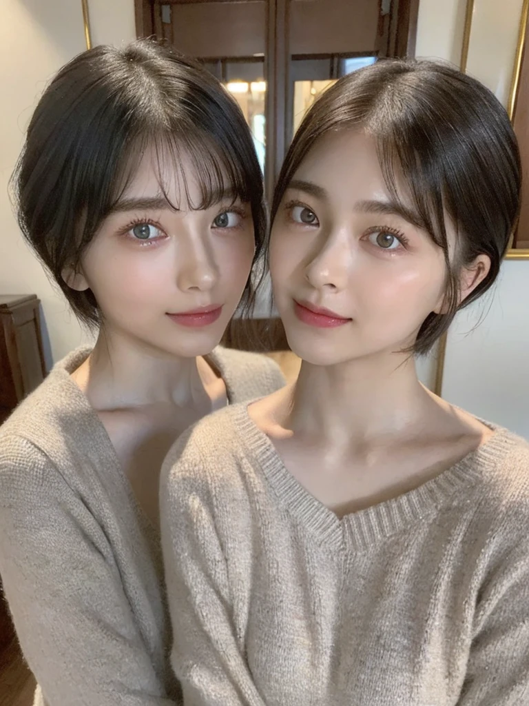 (masterpiece:1.3), (8k, Photoreal, Raw photo, best image quality: 1.4), Japanese high school girl、(random hairstyle:1.2)、cleavage:1.5、super detail face、eye for details、double eyelid、chest to chest、sharp focus:1.2、Beautiful woman:1.4、light brown hair、highest quality、masterpiece、超A high resolution、(Photoreal:1.4)、Highly detailed and professionally lit smiles、loose and light knitwear、shoulder out、thin、serious expression、short haired、deadly position
similar identical twins
All the girls have the exact same face, The two have the same face and figure, as if they were mirror images.