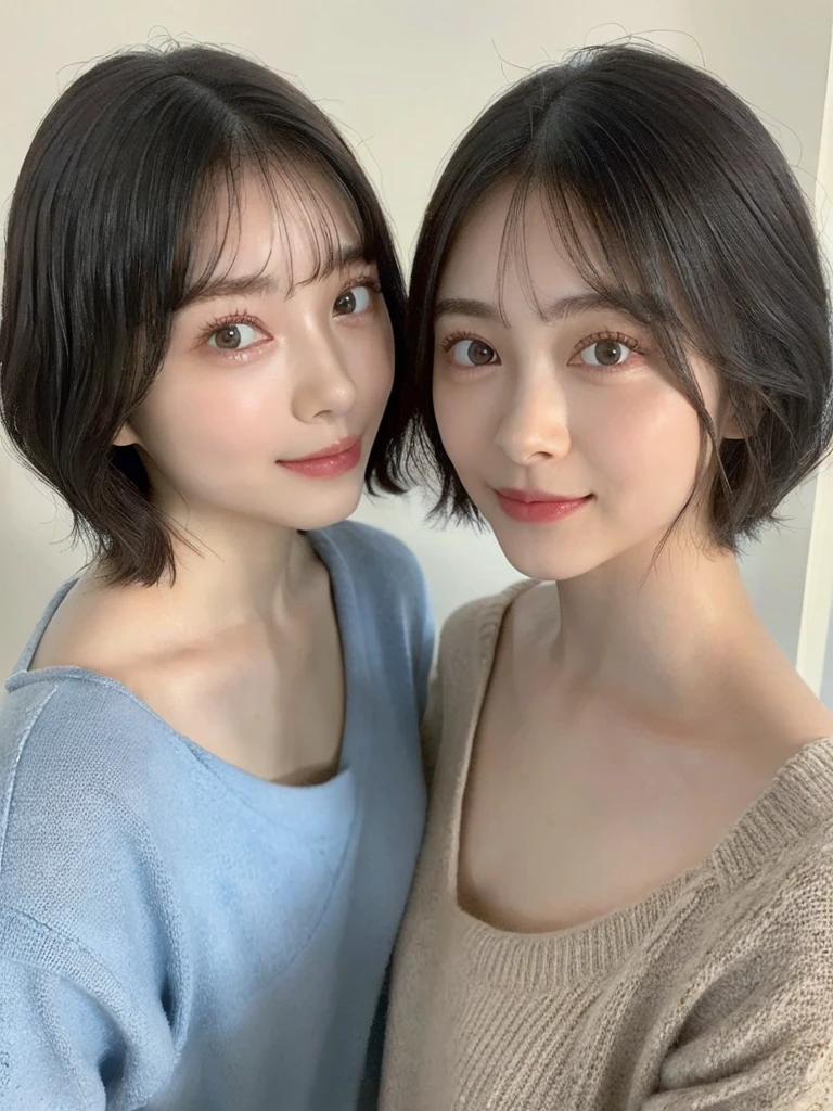 (masterpiece:1.3), (8k, Photoreal, Raw photo, best image quality: 1.4), Japanese high school girl、(random hairstyle:1.2)、cleavage:1.5、super detail face、eye for details、double eyelid、chest to chest、sharp focus:1.2、Beautiful woman:1.4、light brown hair、highest quality、masterpiece、超A high resolution、(Photoreal:1.4)、Highly detailed and professionally lit smiles、loose and light knitwear、shoulder out、thin、serious expression、short haired、deadly position
similar identical twins
All the girls have the exact same face, The two have the same face and figure, as if they were mirror images.