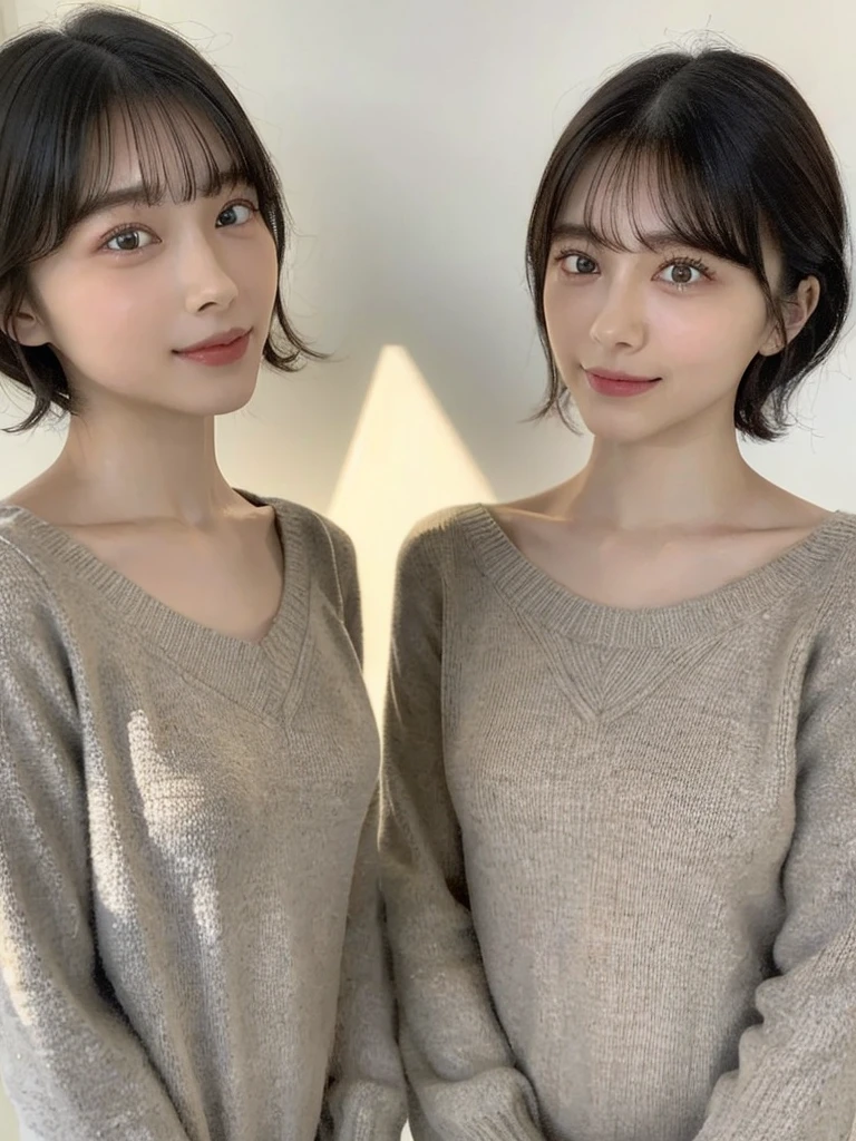 (masterpiece:1.3), (8k, Photoreal, Raw photo, best image quality: 1.4), Japanese high school girl、(random hairstyle:1.2)、cleavage:1.5、super detail face、eye for details、double eyelid、chest to chest、sharp focus:1.2、Beautiful woman:1.4、light brown hair、highest quality、masterpiece、超A high resolution、(Photoreal:1.4)、Highly detailed and professionally lit smiles、loose and light knitwear、shoulder out、thin、serious expression、short haired、deadly position
similar identical twins
All the girls have the exact same face, The two have the same face and figure, as if they were mirror images.