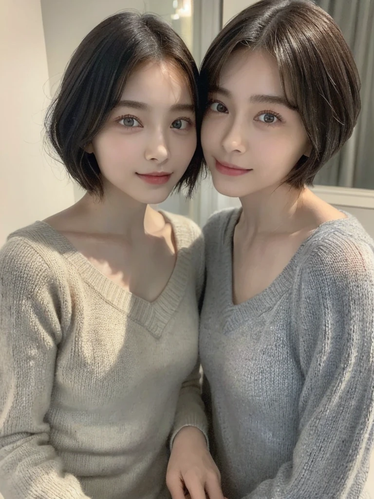 (masterpiece:1.3), (8k, Photoreal, Raw photo, best image quality: 1.4), Japanese high school girl、(random hairstyle:1.2)、cleavage:1.5、super detail face、eye for details、double eyelid、chest to chest、sharp focus:1.2、Beautiful woman:1.4、light brown hair、highest quality、masterpiece、超A high resolution、(Photoreal:1.4)、Highly detailed and professionally lit smiles、loose and light knitwear、shoulder out、thin、serious expression、short haired、deadly position
similar identical twins
All the girls have the exact same face, The two have the same face and figure, as if they were mirror images.