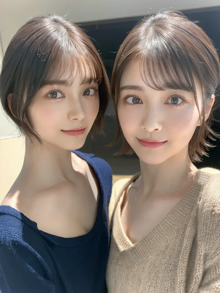 (masterpiece:1.3), (8k, Photoreal, Raw photo, best image quality: 1.4), Japanese high school girl、(random hairstyle:1.2)、cleavage:1.5、super detail face、eye for details、double eyelid、chest to chest、sharp focus:1.2、Beautiful woman:1.4、light brown hair、highest quality、masterpiece、超A high resolution、(Photoreal:1.4)、Highly detailed and professionally lit smiles、loose and light knitwear、shoulder out、thin、serious expression、short haired、deadly position
similar identical twins
All the girls have the exact same face, The two have the same face and figure, as if they were mirror images.