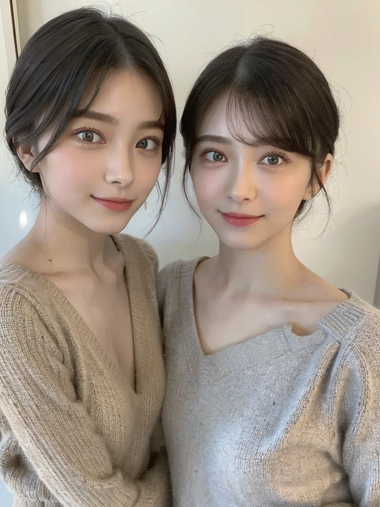 (masterpiece:1.3), (8k, Photoreal, Raw photo, best image quality: 1.4), Japanese high school girl、(random hairstyle:1.2)、cleavage:1.5、super detail face、eye for details、double eyelid、chest to chest、sharp focus:1.2、Beautiful woman:1.4、light brown hair、highest quality、masterpiece、超A high resolution、(Photoreal:1.4)、Highly detailed and professionally lit smiles、loose and light knitwear、shoulder out、thin、serious expression、short haired、deadly position
similar identical twins
All the girls have the exact same face, The two have the same face and figure, as if they were mirror images.