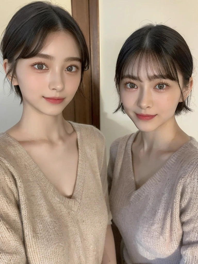 (masterpiece:1.3), (8k, Photoreal, Raw photo, best image quality: 1.4), Japanese high school girl、(random hairstyle:1.2)、cleavage:1.5、super detail face、eye for details、double eyelid、chest to chest、sharp focus:1.2、Beautiful woman:1.4、light brown hair、highest quality、masterpiece、超A high resolution、(Photoreal:1.4)、Highly detailed and professionally lit smiles、loose and light knitwear、shoulder out、thin、serious expression、short haired、deadly position
similar identical twins
All the girls have the exact same face, The two have the same face and figure, as if they were mirror images.