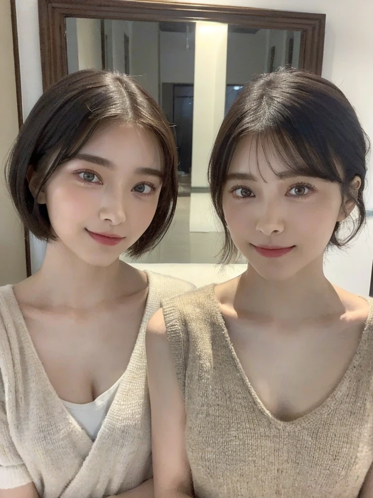 (masterpiece:1.3), (8k, Photoreal, Raw photo, best image quality: 1.4), Japanese high school girl、(random hairstyle:1.2)、cleavage:1.5、super detail face、eye for details、double eyelid、chest to chest、sharp focus:1.2、Beautiful woman:1.4、light brown hair、highest quality、masterpiece、超A high resolution、(Photoreal:1.4)、Highly detailed and professionally lit smiles、loose and light knitwear、shoulder out、thin、serious expression、short haired、deadly position
similar identical twins
All the girls have the exact same face, The two have the same face and figure, as if they were mirror images.