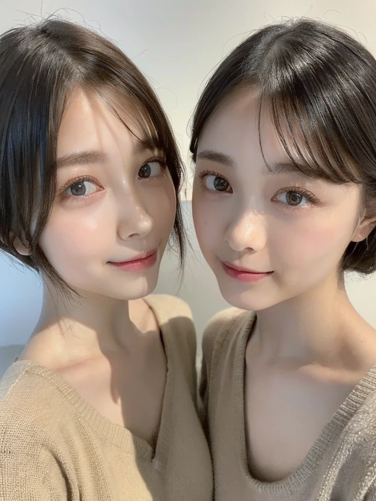 (masterpiece:1.3), (8k, Photoreal, Raw photo, best image quality: 1.4), Japanese high school girl、(random hairstyle:1.2)、cleavage:1.5、super detail face、eye for details、double eyelid、chest to chest、sharp focus:1.2、Beautiful woman:1.4、light brown hair、highest quality、masterpiece、超A high resolution、(Photoreal:1.4)、Highly detailed and professionally lit smiles、loose and light knitwear、shoulder out、thin、serious expression、short haired、deadly position
similar identical twins
All the girls have the exact same face, The two have the same face and figure, as if they were mirror images.