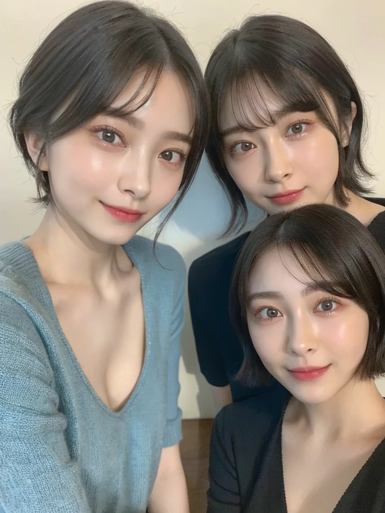 (masterpiece:1.3), (8k, Photoreal, Raw photo, best image quality: 1.4), Japanese high school girl、(random hairstyle:1.2)、cleavage:1.5、super detail face、eye for details、double eyelid、chest to chest、sharp focus:1.2、Beautiful woman:1.4、light brown hair、highest quality、masterpiece、超A high resolution、(Photoreal:1.4)、Highly detailed and professionally lit smiles、loose and light knitwear、shoulder out、thin、serious expression、short haired、deadly position
similar identical twins
All the girls have the exact same face, The two have the same face and figure, as if they were mirror images.
