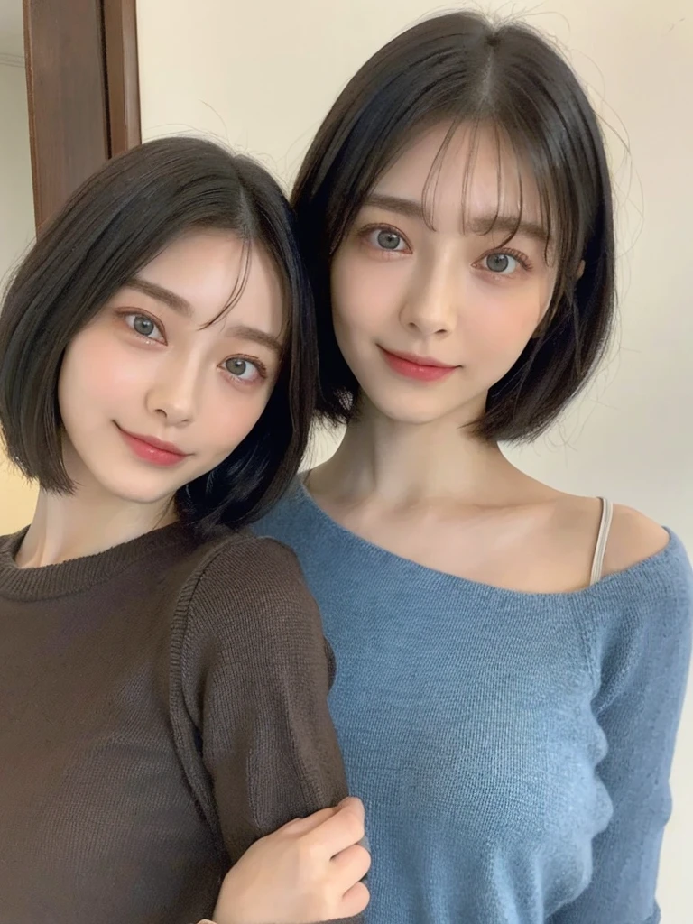 (masterpiece:1.3), (8k, Photoreal, Raw photo, best image quality: 1.4), Japanese high school girl、(random hairstyle:1.2)、cleavage:1.5、super detail face、eye for details、double eyelid、chest to chest、sharp focus:1.2、Beautiful woman:1.4、light brown hair、highest quality、masterpiece、超A high resolution、(Photoreal:1.4)、Highly detailed and professionally lit smiles、loose and light knitwear、shoulder out、thin、serious expression、short haired、deadly position
similar identical twins
All the girls have the exact same face, The two have the same face and figure, as if they were mirror images.