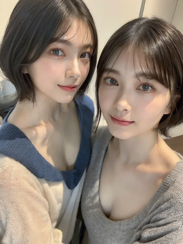 (masterpiece:1.3), (8k, Photoreal, Raw photo, best image quality: 1.4), Japanese high school girl、(random hairstyle:1.2)、cleavage:1.5、super detail face、eye for details、double eyelid、chest to chest、sharp focus:1.2、Beautiful woman:1.4、light brown hair、highest quality、masterpiece、超A high resolution、(Photoreal:1.4)、Highly detailed and professionally lit smiles、loose and light knitwear、shoulder out、thin、serious expression、short haired、deadly position
similar identical twins
All the girls have the exact same face, The two have the same face and figure, as if they were mirror images.