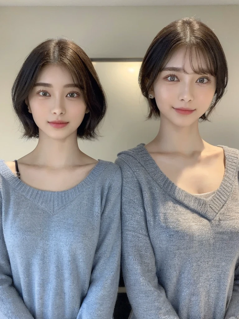 (masterpiece:1.3), (8k, Photoreal, Raw photo, best image quality: 1.4), Japanese high school girl、(random hairstyle:1.2)、:1.5、super ail face、eye for details、double eyelid、chest to chest、sharp focus:1.2、Beautiful woman:1.4、light brown hair、highest quality、masterpiece、超A high resolution、(Photoreal:1.4)、Highly detailed and professionally lit smiles、loose and light knitwear、shoulder out、thin、serious expression、short haired、deadly position
similar identical twins
All the girls have the exact same face, The two have the same face and figure, as if they were mirror images.