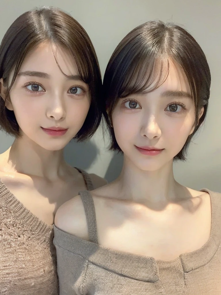 (masterpiece:1.3), (8k, Photoreal, Raw photo, best image quality: 1.4), Japanese high school girl、(random hairstyle:1.2)、cleavage:1.5、super detail face、eye for details、double eyelid、chest to chest、sharp focus:1.2、Beautiful woman:1.4、light brown hair、highest quality、masterpiece、超A high resolution、(Photoreal:1.4)、Highly detailed and professionally lit smiles、loose and light knitwear、shoulder out、thin、serious expression、short haired、deadly position
similar identical twins
All the girls have the exact same face, The two have the same face and figure, as if they were mirror images.