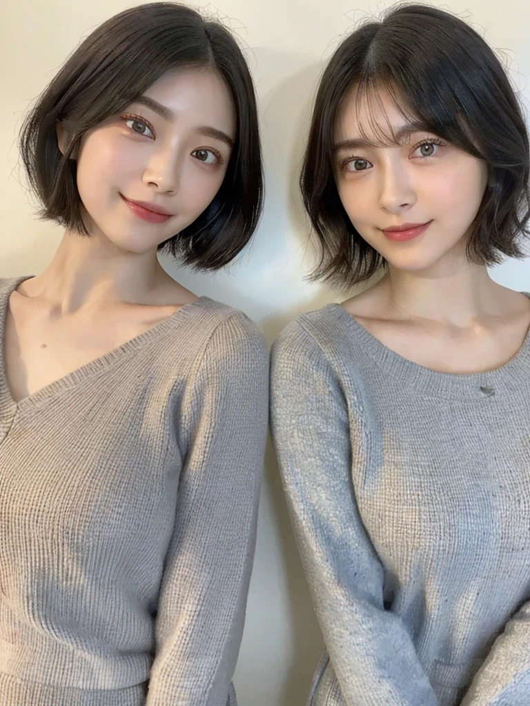 (masterpiece:1.3), (8k, Photoreal, Raw photo, best image quality: 1.4), Japanese high school girl、(random hairstyle:1.2)、cleavage:1.5、super detail face、eye for details、double eyelid、chest to chest、sharp focus:1.2、Beautiful woman:1.4、light brown hair、highest quality、masterpiece、超A high resolution、(Photoreal:1.4)、Highly detailed and professionally lit smiles、loose and light knitwear、shoulder out、thin、serious expression、short haired、deadly position
similar identical twins
All the girls have the exact same face, The two have the same face and figure, as if they were mirror images.