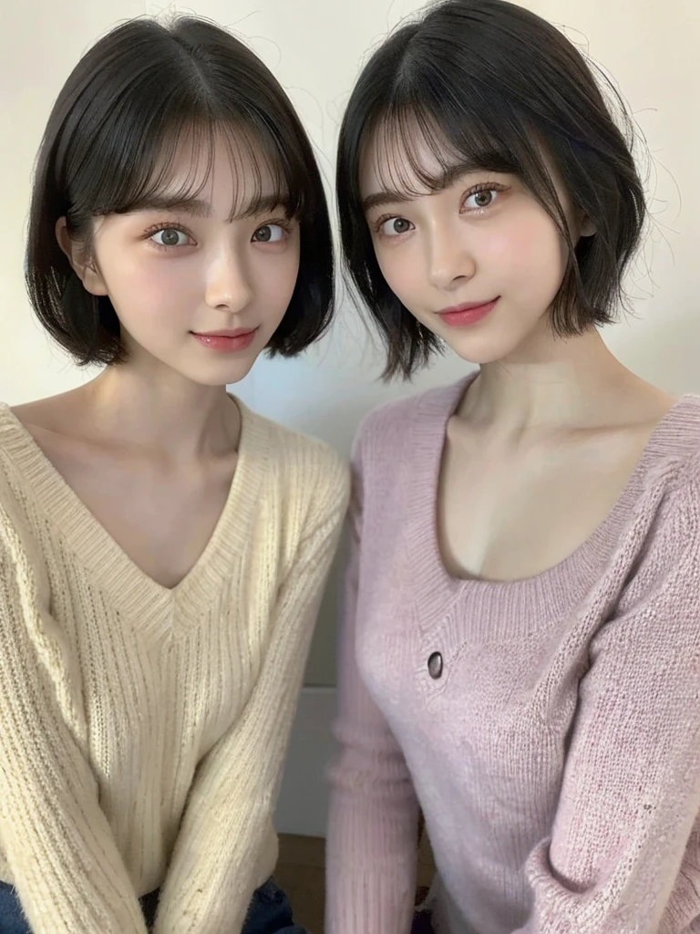 (masterpiece:1.3), (8k, Photoreal, Raw photo, best image quality: 1.4), Japanese high school girl、(random hairstyle:1.2)、cleavage:1.5、super detail face、eye for details、double eyelid、chest to chest、sharp focus:1.2、Beautiful woman:1.4、light brown hair、highest quality、masterpiece、超A high resolution、(Photoreal:1.4)、Highly detailed and professionally lit smiles、loose and light knitwear、shoulder out、thin、serious expression、short haired、deadly position
similar identical twins
All the girls have the exact same face, The two have the same face and figure, as if they were mirror images.
