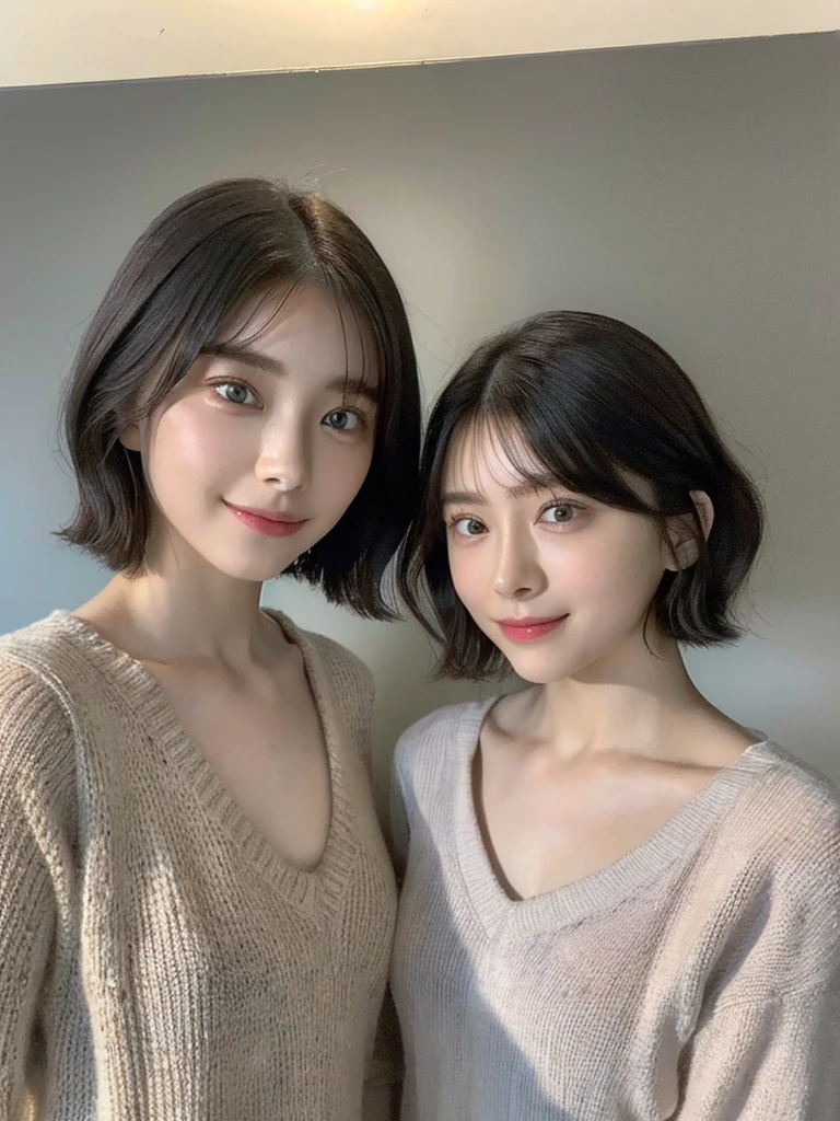 (masterpiece:1.3), (8k, Photoreal, Raw photo, best image quality: 1.4), Japanese high school girl、(random hairstyle:1.2)、cleavage:1.5、super detail face、eye for details、double eyelid、chest to chest、sharp focus:1.2、Beautiful woman:1.4、light brown hair、highest quality、masterpiece、超A high resolution、(Photoreal:1.4)、Highly detailed and professionally lit smiles、loose and light knitwear、shoulder out、thin、serious expression、short haired、deadly position
similar identical twins
All the girls have the exact same face, The two have the same face and figure, as if they were mirror images.
