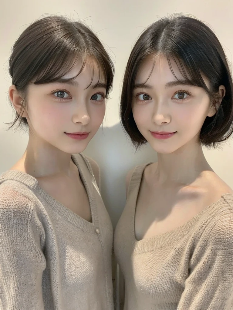 (masterpiece:1.3), (8k, Photoreal, Raw photo, best image quality: 1.4), Japanese high school girl、(random hairstyle:1.2)、cleavage:1.5、super detail face、eye for details、double eyelid、chest to chest、sharp focus:1.2、Beautiful woman:1.4、light brown hair、highest quality、masterpiece、超A high resolution、(Photoreal:1.4)、Highly detailed and professionally lit smiles、loose and light knitwear、shoulder out、thin、serious expression、short haired、deadly position
similar identical twins
All the girls have the exact same face, The two have the same face and figure, as if they were mirror images.