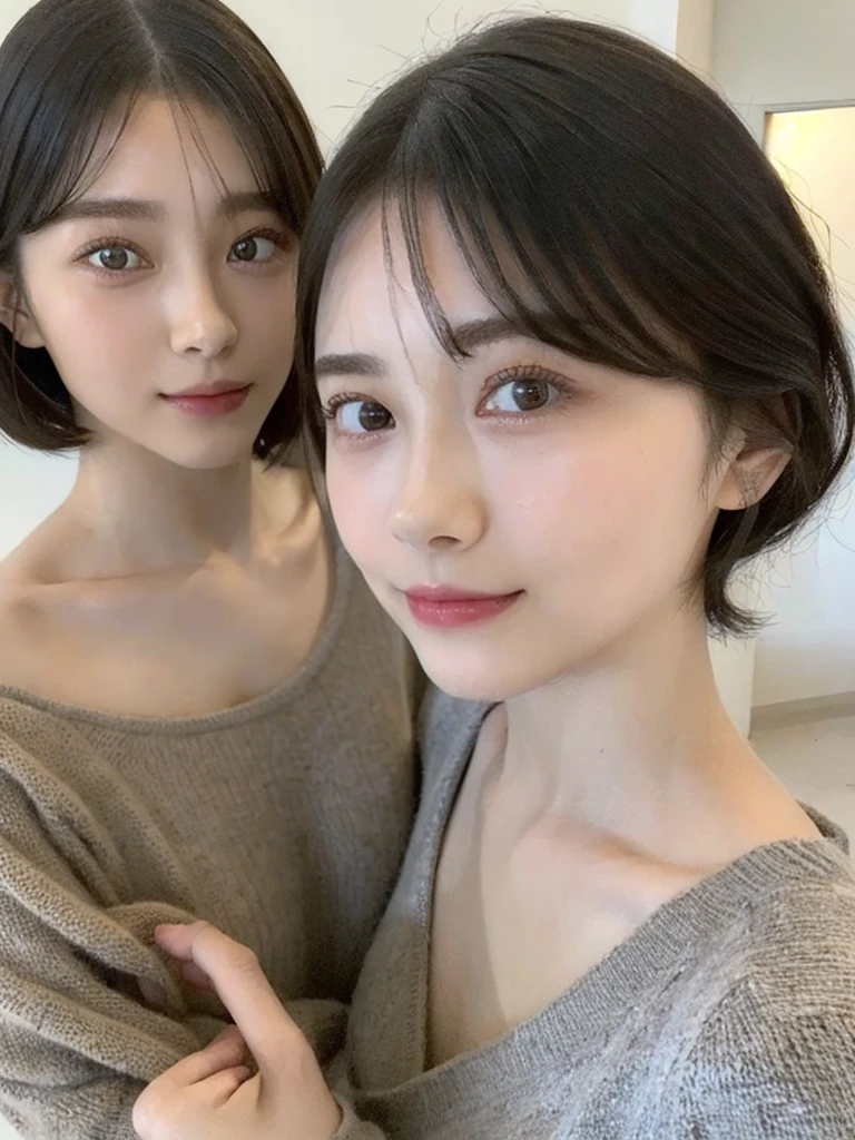 (masterpiece:1.3), (8k, Photoreal, Raw photo, best image quality: 1.4), Japanese high school girl、(random hairstyle:1.2)、cleavage:1.5、super detail face、eye for details、double eyelid、chest to chest、sharp focus:1.2、Beautiful woman:1.4、light brown hair、highest quality、masterpiece、超A high resolution、(Photoreal:1.4)、Highly detailed and professionally lit smiles、loose and light knitwear、shoulder out、thin、serious expression、short haired、deadly position
similar identical twins
All the girls have the exact same face, The two have the same face and figure, as if they were mirror images.