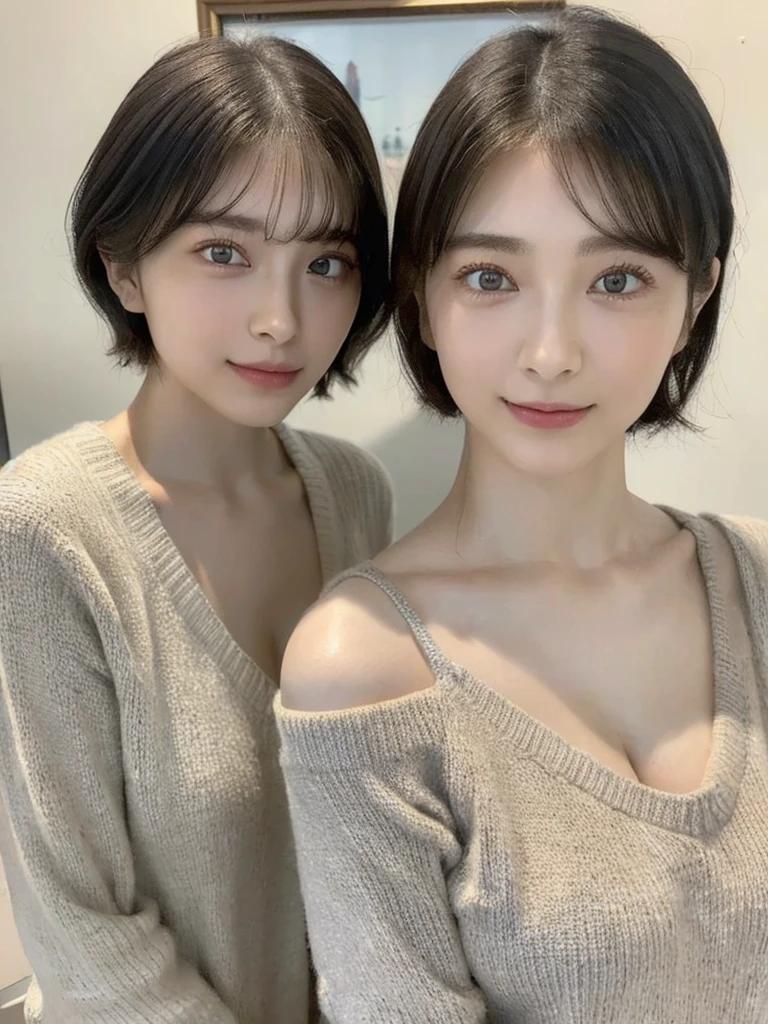 (masterpiece:1.3), (8k, Photoreal, Raw photo, best image quality: 1.4), Japanese high school girl、(random hairstyle:1.2)、cleavage:1.5、super detail face、eye for details、double eyelid、chest to chest、sharp focus:1.2、Beautiful woman:1.4、light brown hair、highest quality、masterpiece、超A high resolution、(Photoreal:1.4)、Highly detailed and professionally lit smiles、loose and light knitwear、shoulder out、thin、serious expression、short haired、deadly position
similar identical twins
All the girls have the exact same face, The two have the same face and figure, as if they were mirror images.