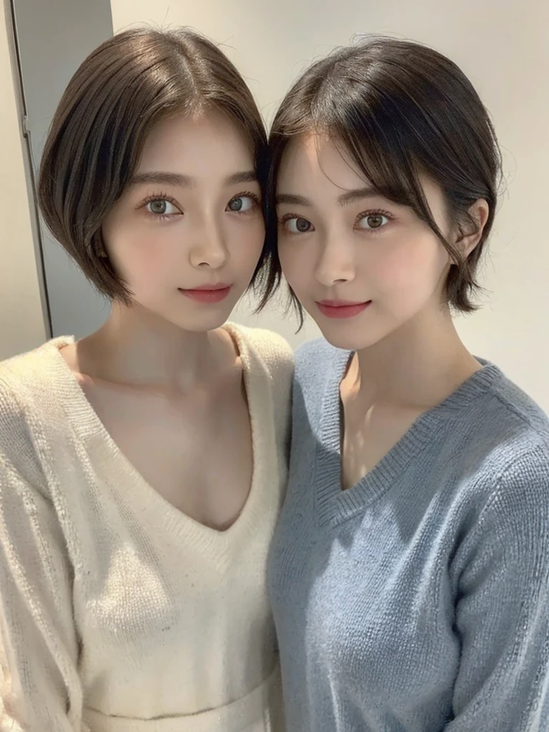 (masterpiece:1.3), (8k, Photoreal, Raw photo, best image quality: 1.4), Japanese high school girl、(random hairstyle:1.2)、cleavage:1.5、super detail face、eye for details、double eyelid、chest to chest、sharp focus:1.2、Beautiful woman:1.4、light brown hair、highest quality、masterpiece、超A high resolution、(Photoreal:1.4)、Highly detailed and professionally lit smiles、loose and light knitwear、shoulder out、thin、serious expression、short haired、deadly position
similar identical twins
All the girls have the exact same face, The two have the same face and figure, as if they were mirror images.