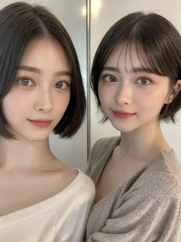(masterpiece:1.3), (8k, Photoreal, Raw photo, best image quality: 1.4), Japanese high school girl、(random hairstyle:1.2)、cleavage:1.5、super detail face、eye for details、double eyelid、chest to chest、sharp focus:1.2、Beautiful woman:1.4、light brown hair、highest quality、masterpiece、超A high resolution、(Photoreal:1.4)、Highly detailed and professionally lit smiles、loose and light knitwear、shoulder out、thin、serious expression、short haired、deadly position
similar identical twins
All the girls have the exact same face, The two have the same face and figure, as if they were mirror images.