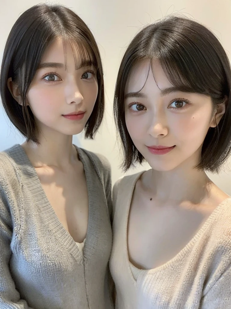 (masterpiece:1.3), (8k, Photoreal, Raw photo, best image quality: 1.4), Japanese high school girl、(random hairstyle:1.2)、cleavage:1.5、super detail face、eye for details、double eyelid、chest to chest、sharp focus:1.2、Beautiful woman:1.4、light brown hair、highest quality、masterpiece、超A high resolution、(Photoreal:1.4)、Highly detailed and professionally lit smiles、loose and light knitwear、shoulder out、thin、serious expression、short haired、deadly position
similar identical twins
All the girls have the exact same face, The two have the same face and figure, as if they were mirror images.