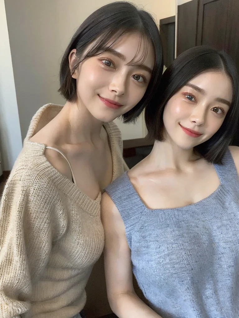 (masterpiece:1.3), (8k, Photoreal, Raw photo, best image quality: 1.4), Japanese high school girl、(random hairstyle:1.2)、cleavage:1.5、super detail face、eye for details、double eyelid、chest to chest、sharp focus:1.2、Beautiful woman:1.4、light brown hair、highest quality、masterpiece、超A high resolution、(Photoreal:1.4)、Highly detailed and professionally lit smiles、loose and light knitwear、shoulder out、thin、serious expression、short haired、deadly position
similar identical twins
All the girls have the exact same face, The two have the same face and figure, as if they were mirror images.