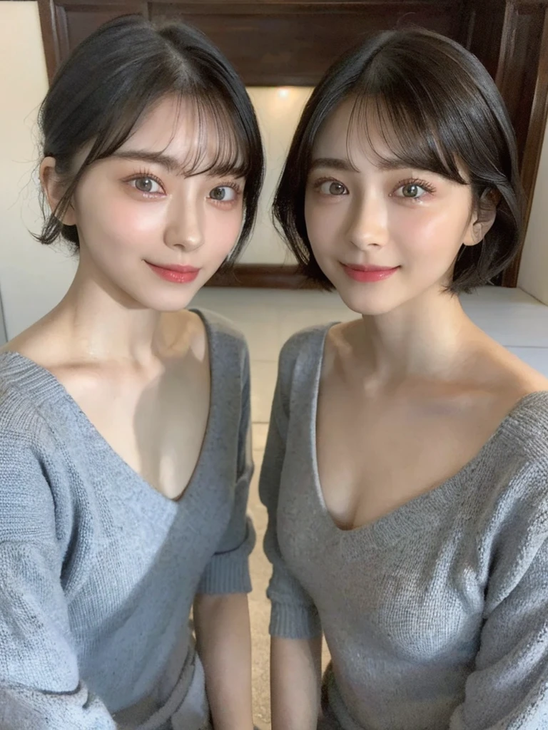 (masterpiece:1.3), (8k, Photoreal, Raw photo, best image quality: 1.4), Japanese high school girl、(random hairstyle:1.2)、cleavage:1.5、super detail face、eye for details、double eyelid、chest to chest、sharp focus:1.2、Beautiful woman:1.4、light brown hair、highest quality、masterpiece、超A high resolution、(Photoreal:1.4)、Highly detailed and professionally lit smiles、loose and light knitwear、shoulder out、thin、serious expression、short haired、deadly position
similar identical twins
All the girls have the exact same face, The two have the same face and figure, as if they were mirror images.