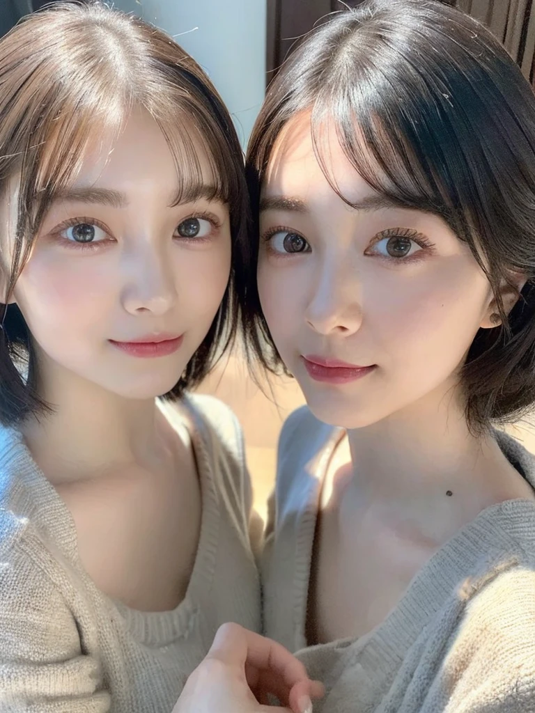 (masterpiece:1.3), (8k, Photoreal, Raw photo, best image quality: 1.4), Japanese high school girl、(random hairstyle:1.2)、cleavage:1.5、super detail face、eye for details、double eyelid、chest to chest、sharp focus:1.2、Beautiful woman:1.4、light brown hair、highest quality、masterpiece、超A high resolution、(Photoreal:1.4)、Highly detailed and professionally lit smiles、loose and light knitwear、shoulder out、thin、serious expression、short haired、deadly position
similar identical twins
All the girls have the exact same face, The two have the same face and figure, as if they were mirror images.