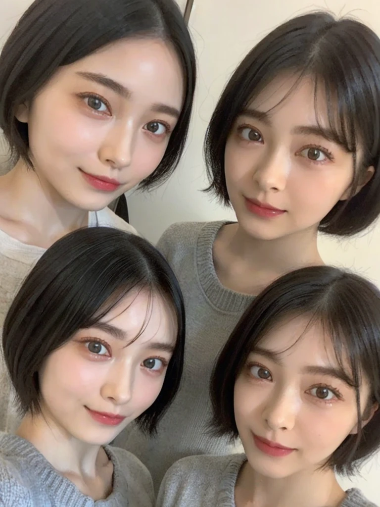 (masterpiece:1.3), (8k, Photoreal, Raw photo, best image quality: 1.4), Japanese high school girl、(random hairstyle:1.2)、cleavage:1.5、super detail face、eye for details、double eyelid、chest to chest、sharp focus:1.2、Beautiful woman:1.4、light brown hair、highest quality、masterpiece、超A high resolution、(Photoreal:1.4)、Highly detailed and professionally lit smiles、loose and light knitwear、shoulder out、thin、serious expression、short haired、deadly position
similar identical twins
All the girls have the exact same face, The two have the same face and figure, as if they were mirror images.