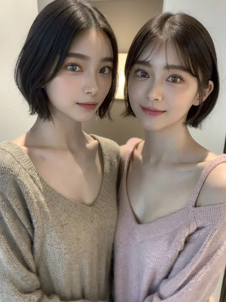 (masterpiece:1.3), (8k, Photoreal, Raw photo, best image quality: 1.4), Japanese high school girl、(random hairstyle:1.2)、cleavage:1.5、super detail face、eye for details、double eyelid、chest to chest、sharp focus:1.2、Beautiful woman:1.4、light brown hair、highest quality、masterpiece、超A high resolution、(Photoreal:1.4)、Highly detailed and professionally lit smiles、loose and light knitwear、shoulder out、thin、serious expression、short haired、deadly position
similar identical twins
All the girls have the exact same face, The two have the same face and figure, as if they were mirror images.