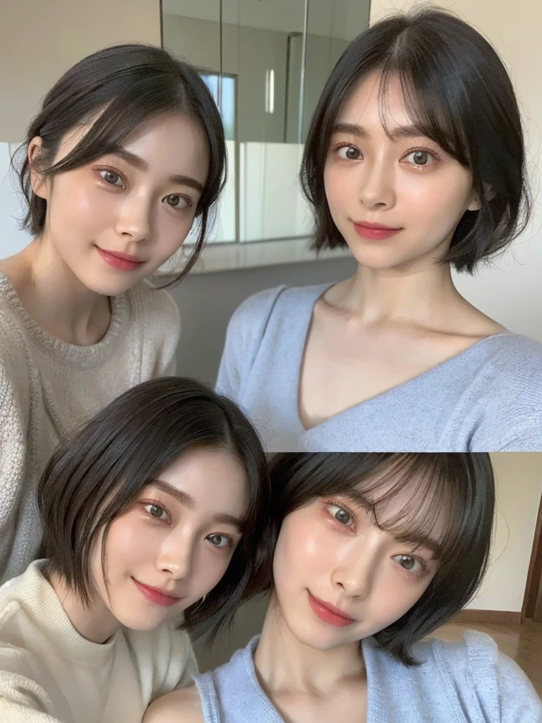 (masterpiece:1.3), (8k, Photoreal, Raw photo, best image quality: 1.4), Japanese high school girl、(random hairstyle:1.2)、cleavage:1.5、super detail face、eye for details、double eyelid、chest to chest、sharp focus:1.2、Beautiful woman:1.4、light brown hair、highest quality、masterpiece、超A high resolution、(Photoreal:1.4)、Highly detailed and professionally lit smiles、loose and light knitwear、shoulder out、thin、serious expression、short haired、deadly position
similar identical twins
All the girls have the exact same face, The two have the same face and figure, as if they were mirror images.