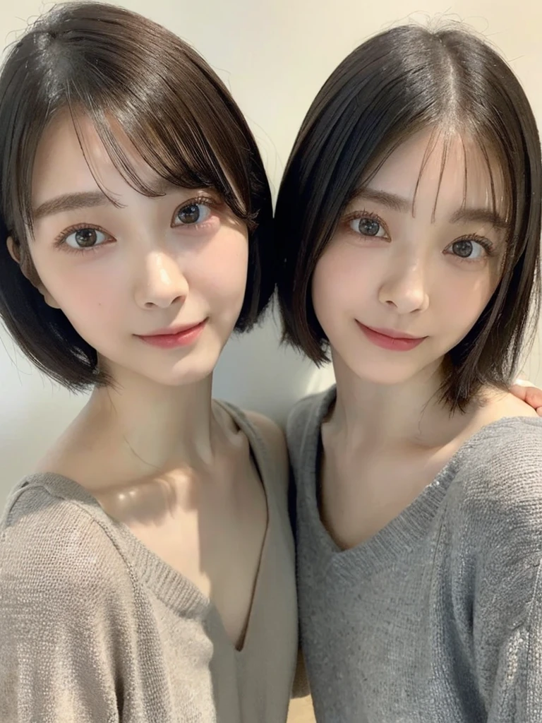 (masterpiece:1.3), (8k, Photoreal, Raw photo, best image quality: 1.4), Japanese high school girl、(random hairstyle:1.2)、cleavage:1.5、super detail face、eye for details、double eyelid、chest to chest、sharp focus:1.2、Beautiful woman:1.4、light brown hair、highest quality、masterpiece、超A high resolution、(Photoreal:1.4)、Highly detailed and professionally lit smiles、loose and light knitwear、shoulder out、thin、serious expression、short haired、deadly position
similar identical twins
All the girls have the exact same face, The two have the same face and figure, as if they were mirror images.
