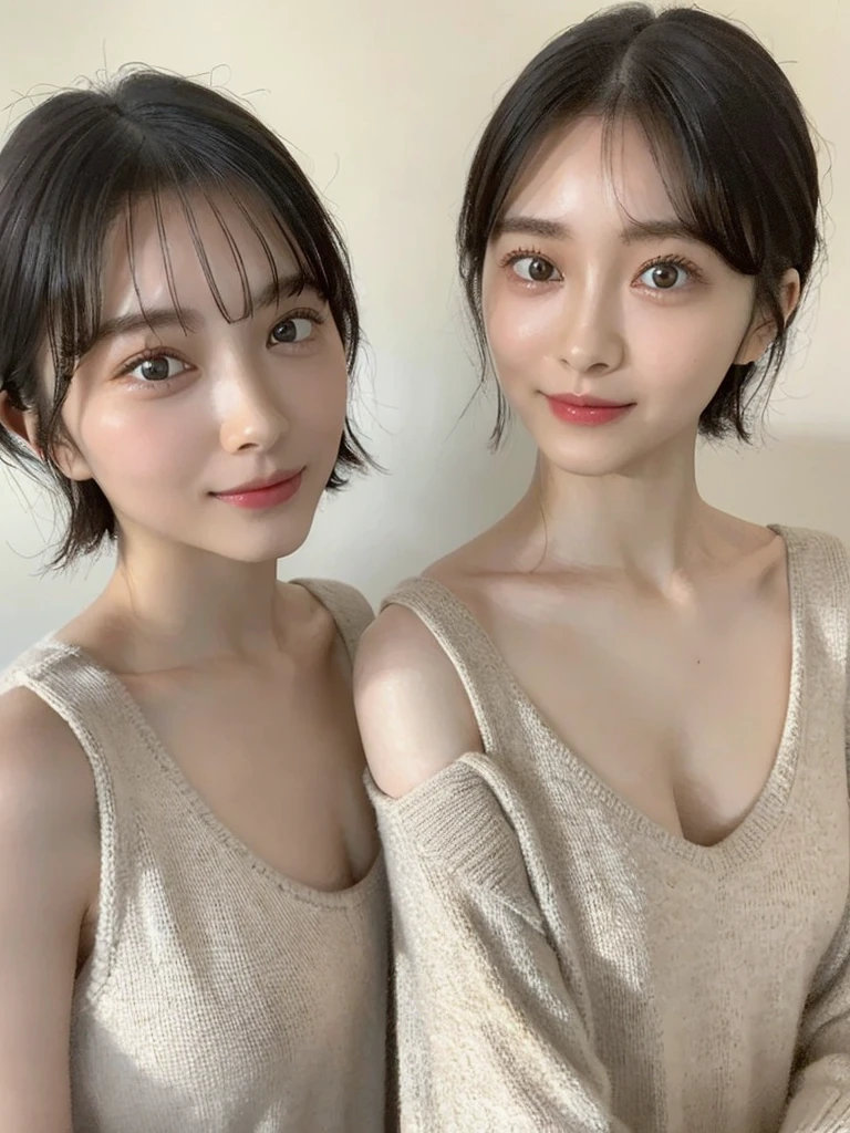 (masterpiece:1.3), (8k, Photoreal, Raw photo, best image quality: 1.4), Japanese high school girl、(random hairstyle:1.2)、cleavage:1.5、super detail face、eye for details、double eyelid、chest to chest、sharp focus:1.2、Beautiful woman:1.4、light brown hair、highest quality、masterpiece、超A high resolution、(Photoreal:1.4)、Highly detailed and professionally lit smiles、loose and light knitwear、shoulder out、thin、serious expression、short haired、deadly position
similar identical twins
All the girls have the exact same face, The two have the same face and figure, as if they were mirror images.