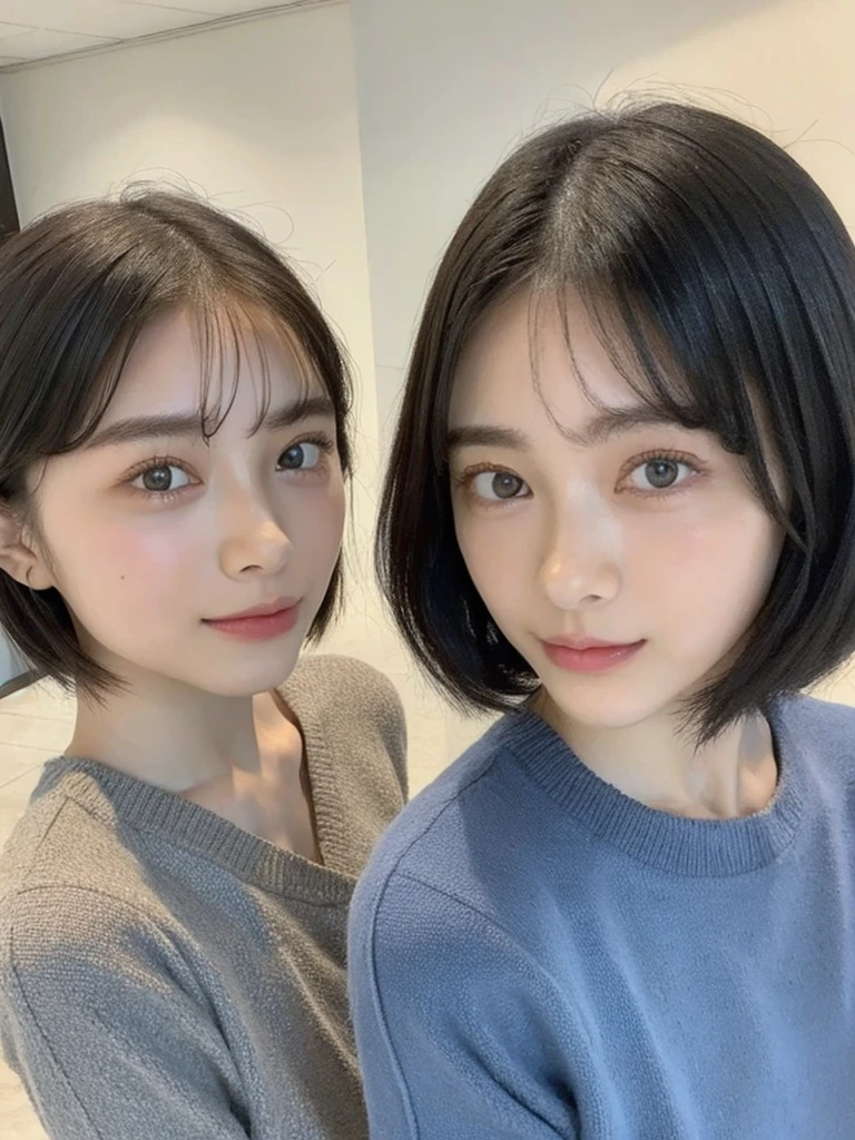 (masterpiece:1.3), (8k, Photoreal, Raw photo, best image quality: 1.4), Japanese high school girl、(random hairstyle:1.2)、cleavage:1.5、super detail face、eye for details、double eyelid、chest to chest、sharp focus:1.2、Beautiful woman:1.4、light brown hair、highest quality、masterpiece、超A high resolution、(Photoreal:1.4)、Highly detailed and professionally lit smiles、loose and light knitwear、shoulder out、thin、serious expression、short haired、deadly position
similar identical twins
All the girls have the exact same face, The two have the same face and figure, as if they were mirror images.