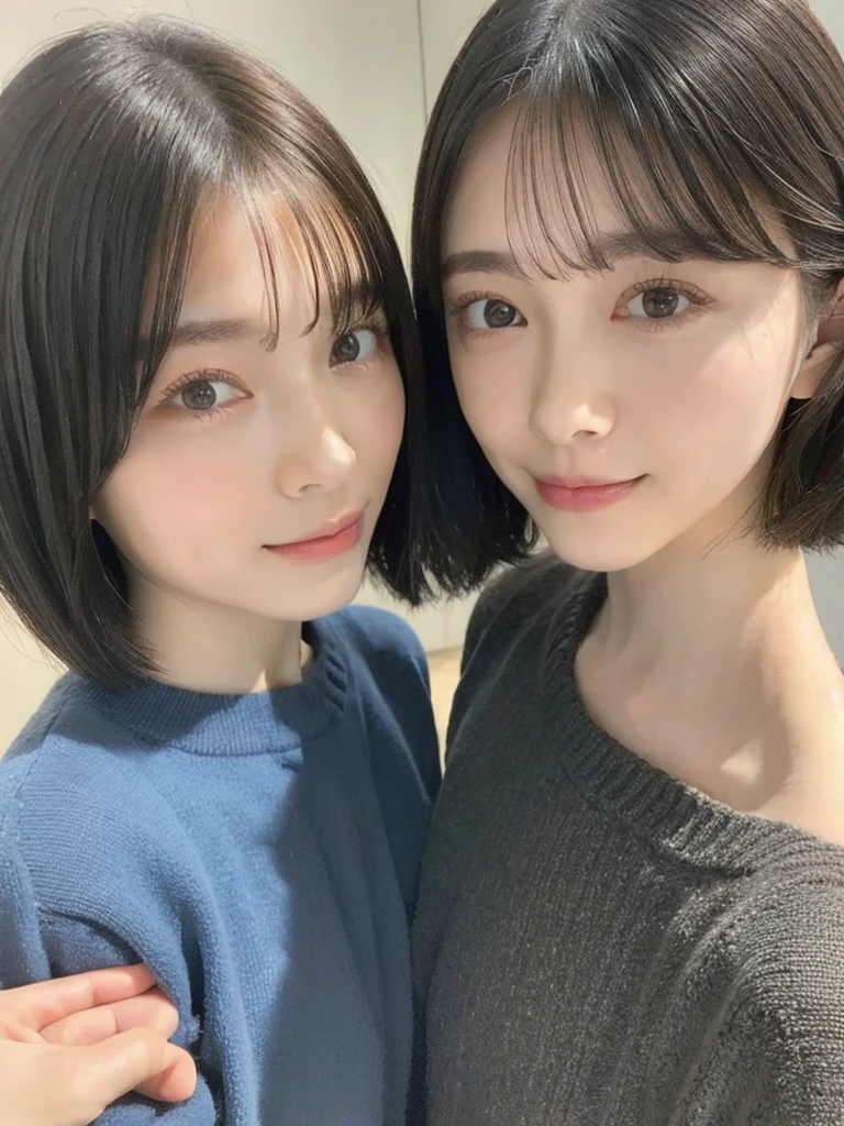 (masterpiece:1.3), (8k, Photoreal, Raw photo, best image quality: 1.4), Japanese high school girl、(random hairstyle:1.2)、cleavage:1.5、super detail face、eye for details、double eyelid、chest to chest、sharp focus:1.2、Beautiful woman:1.4、light brown hair、highest quality、masterpiece、超A high resolution、(Photoreal:1.4)、Highly detailed and professionally lit smiles、loose and light knitwear、shoulder out、thin、serious expression、short haired、deadly position
similar identical twins
All the girls have the exact same face, The two have the same face and figure, as if they were mirror images.